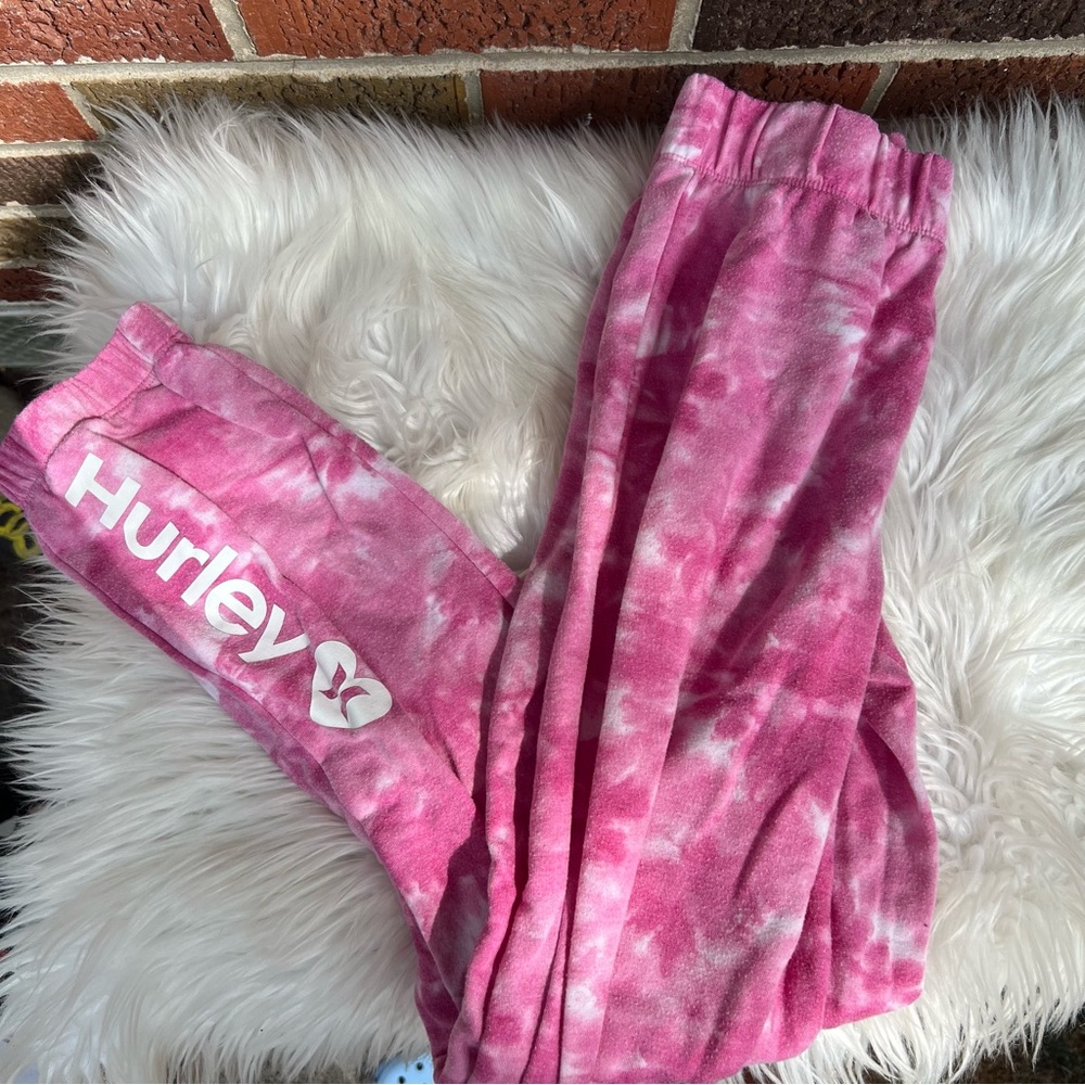 Hurley Pink and White Tie Dye High Waisted Joggers Sweatpants